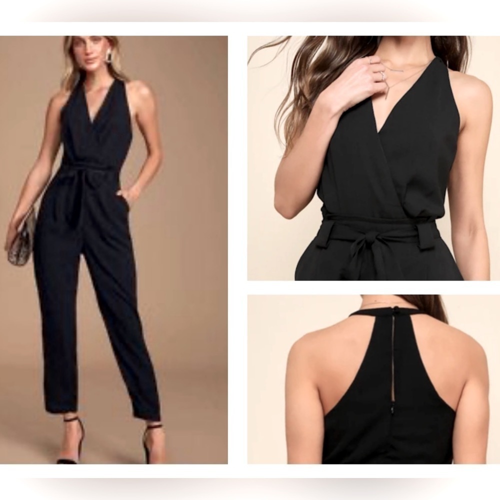 NWT Lulus In the City Black Surplice Sleeveless Jumpsuit Tie Waist Sz Small NEW